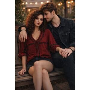 Tea & Cup Y2K 100% Cotton Red And Black Embroidered V Neck Dark Romantic Sz S